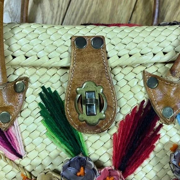 Vintage Straw Woven Tote Bag Floral Feather Embroidery‎ Top Handle Clutch - Picture 7 of 9